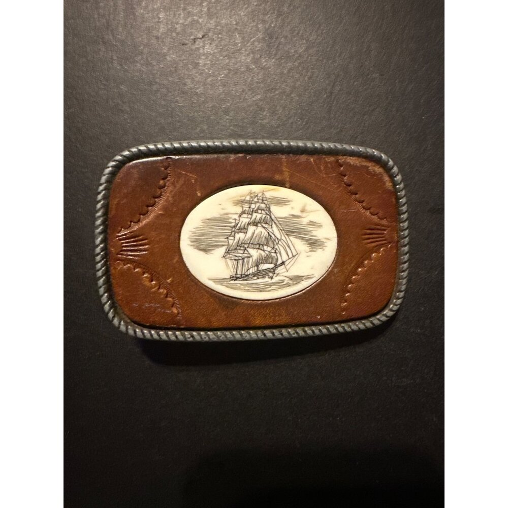 Engraved Ship Design Leather & Metal‎ Belt Buckle Rectangular Western Style
